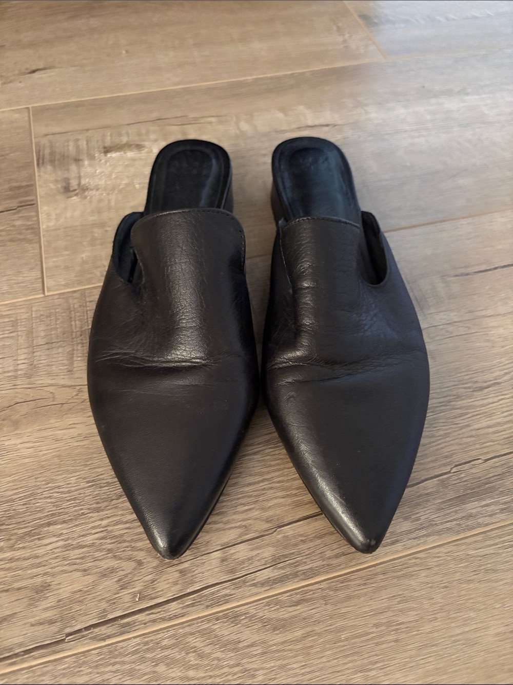 Classic Pointed Black Leather Slip-On Mules